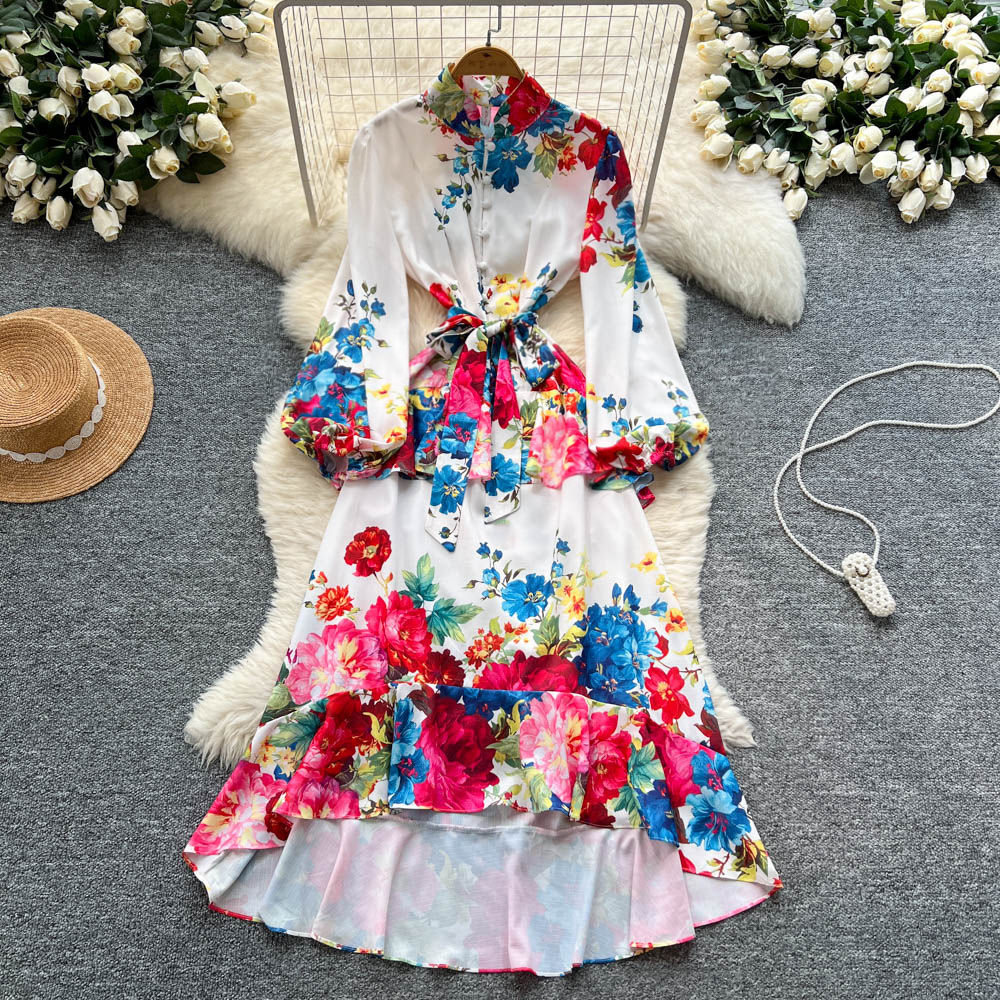 Summer Stand Collar Asymmetric Tunic Bandage Casual Midi Dress For Women Lantern