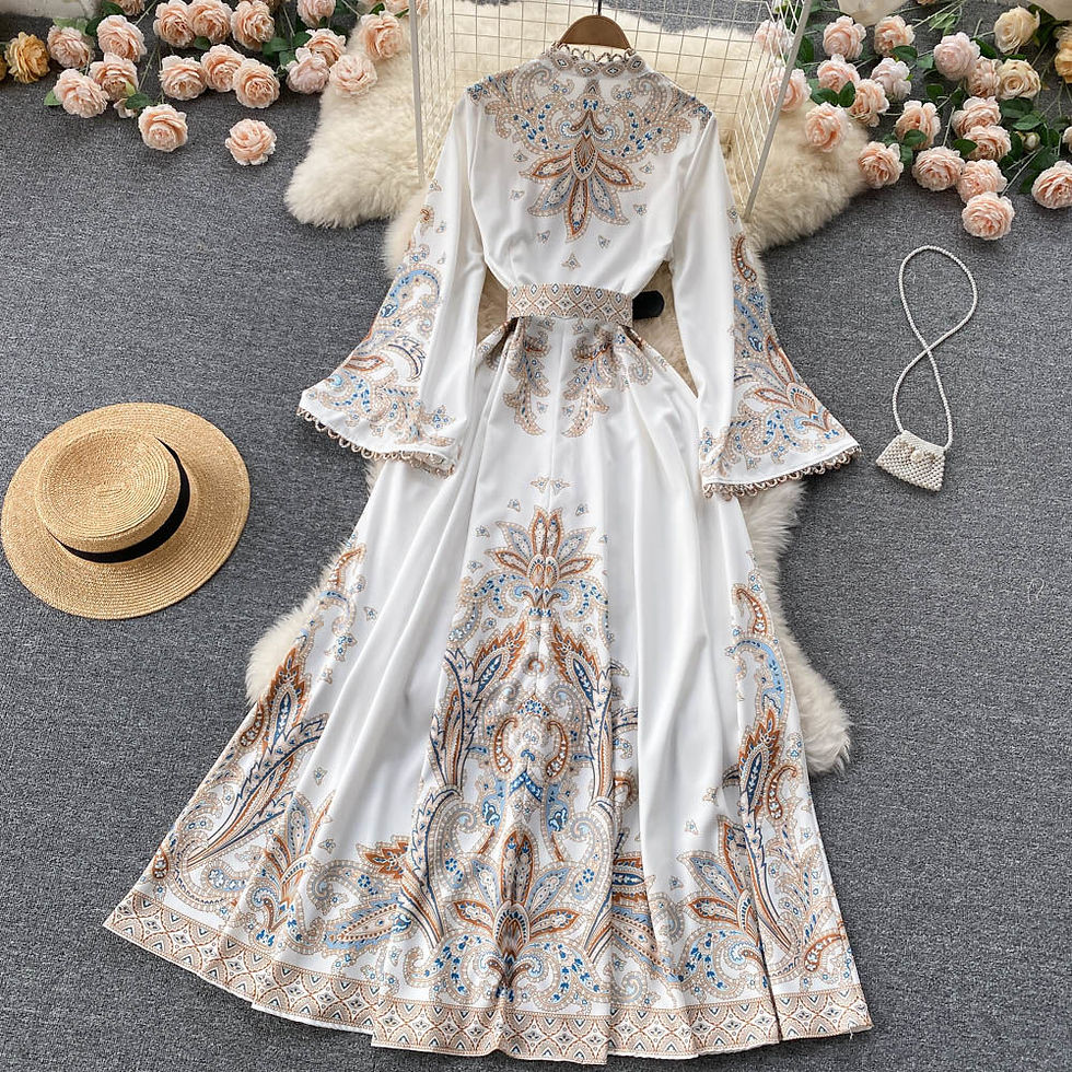Thumbnail: Fall Vintage Stand Collar Casual Midi Dress For Women Flare Sleeve Empire Printe