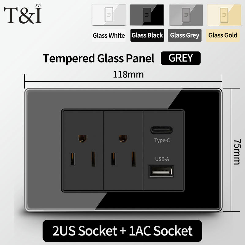 Thumbnail: T&I US Standard 118 Wall Outlet with Switch, Tempered Glass Panel, USB and Type-