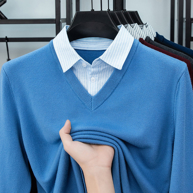 Thumbnail: ​​Men's Shirt Collar Knit Sweater - Light Blue (6 Colors)  Faux Two-Layer De