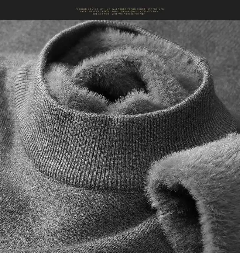 Thumbnail: Plush Men's Knitted Sweater Turtleneck with Velvet Padded Warm Solid Pullovers A