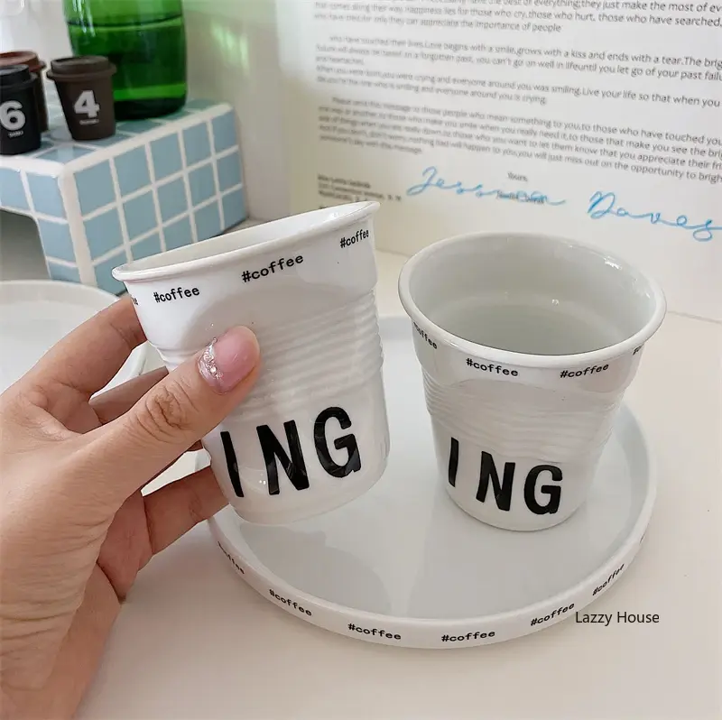 Thumbnail: 6.7oz Korean Style Cups and Mugs Coffee Mug White Ceramic Nordic Wrinkle Cup 200