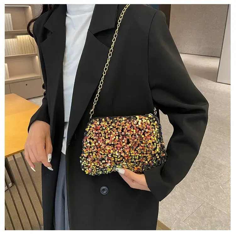 Thumbnail: Sequins Crossbody Chain Bag Simple INS Solid Color Sequins Shoulder Bag Underarm