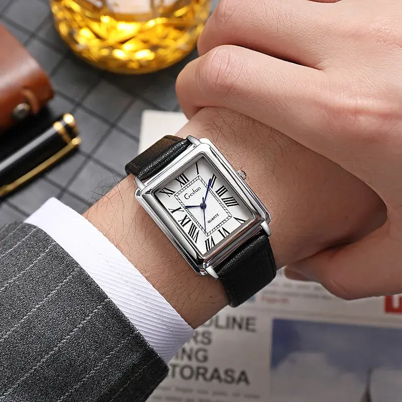 Thumbnail: Luxury Leather Watch Fashion Dress Lady Man Wristwatch Square Montre Unisex Male
