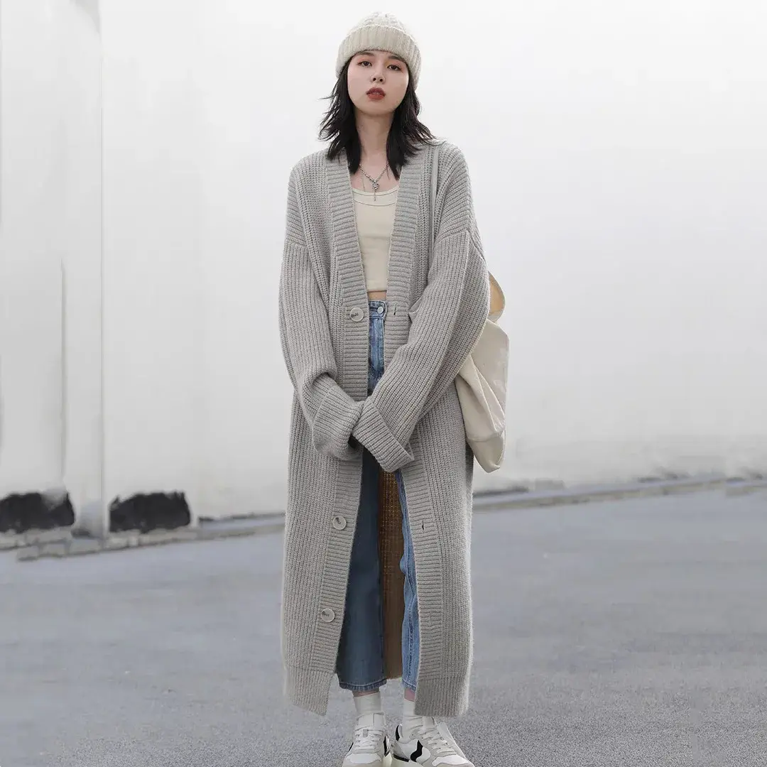 Korean Chic Long Knitted Cardigan Women's Warm Loose Fit All-Size Sweater Jacket