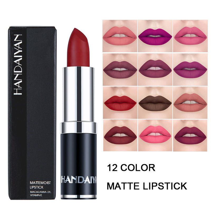 HANDAIYAN 12 Colors Matte Lipstick Long Lasting Velvet Lip Tint Waterproof 24 Ho