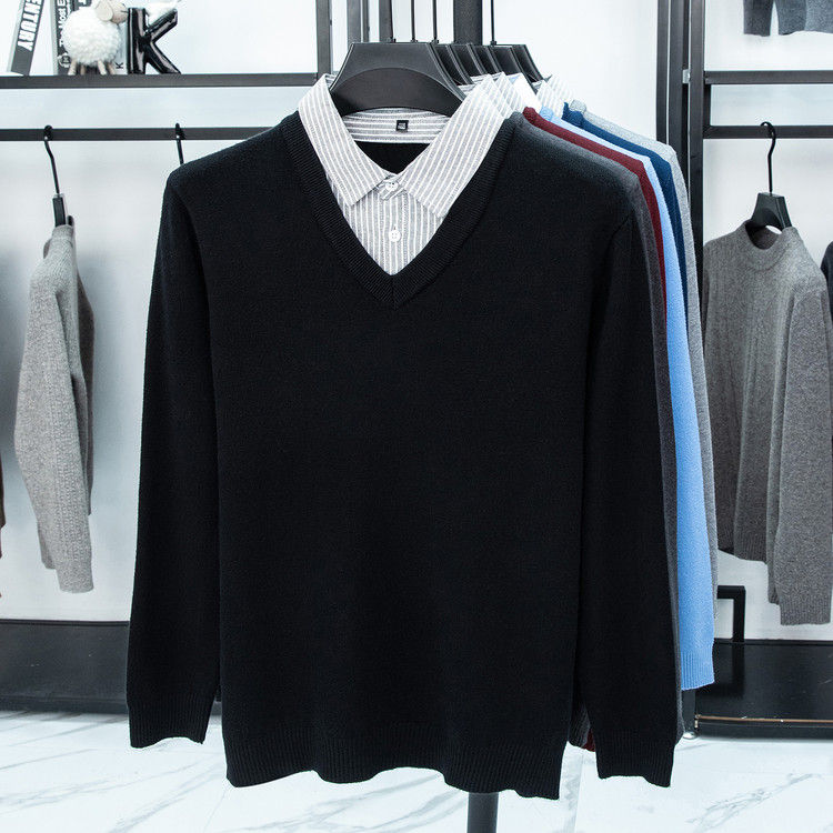 Thumbnail: ​​Men's Shirt Collar Knit Sweater - Light Blue (6 Colors)  Faux Two-Layer De