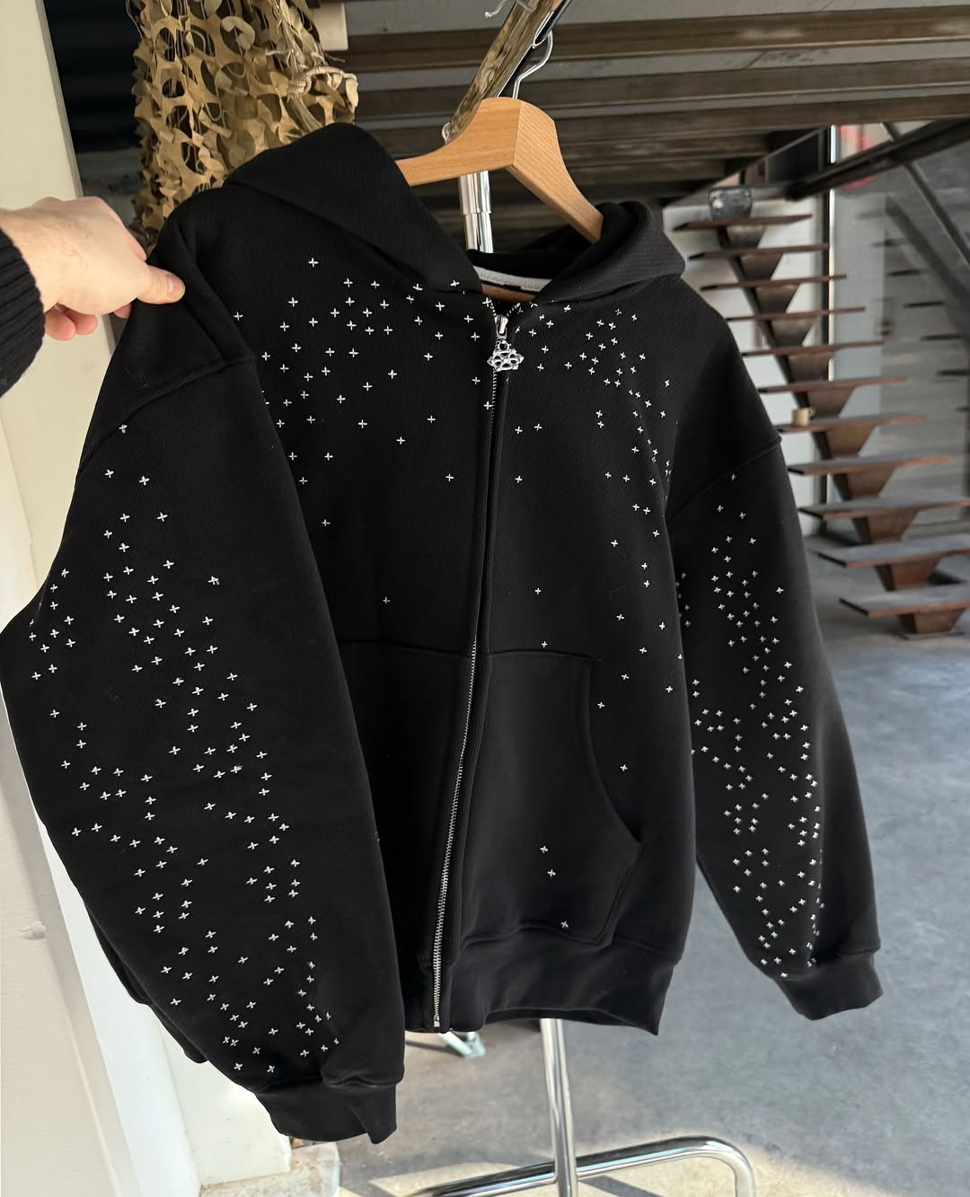 Spring American rhinestone design cardigan zipper sweatshirt men's trendy brand