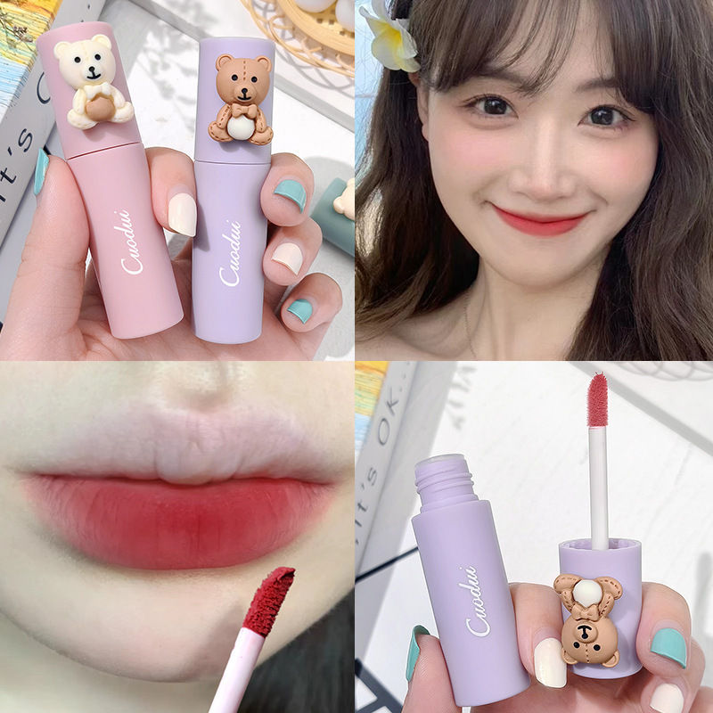 Dark Cherry Velvet Matte Lipstick Blush Waterproof Long Lasting Cute Bear Lip Gl