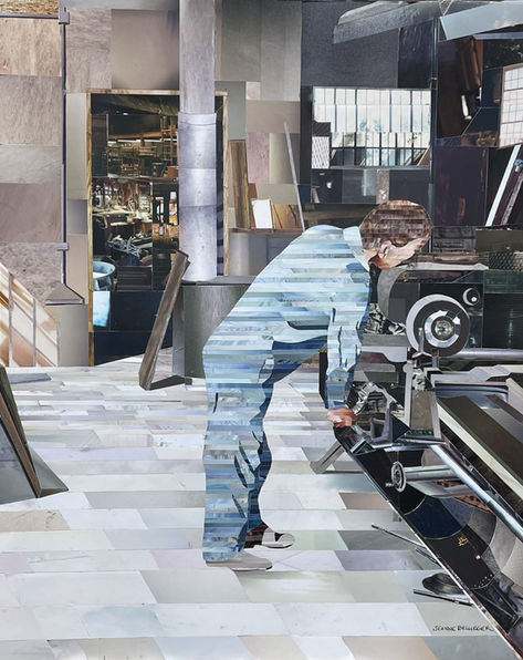 Man working at lathe in shop.
