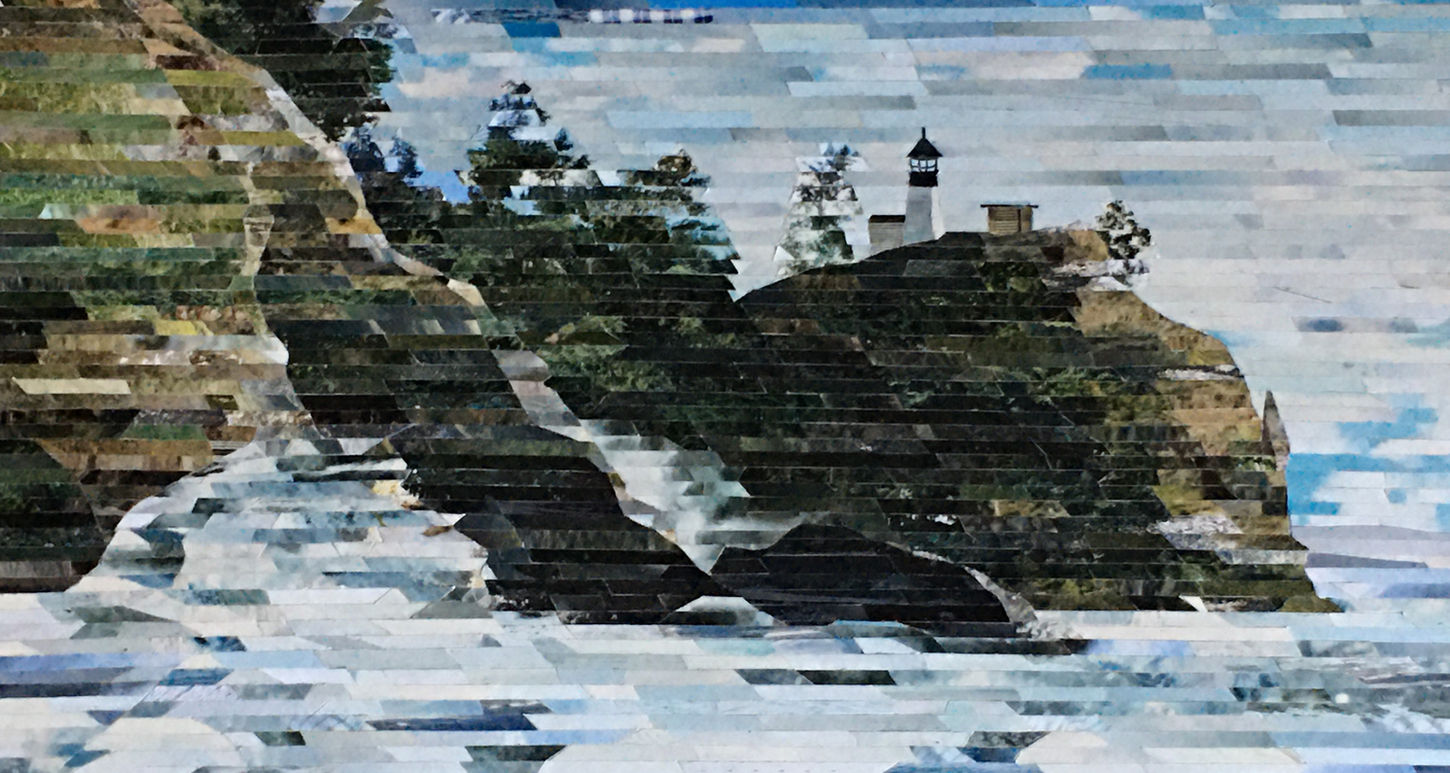 Lighthouse on rock with waves crashing around it.