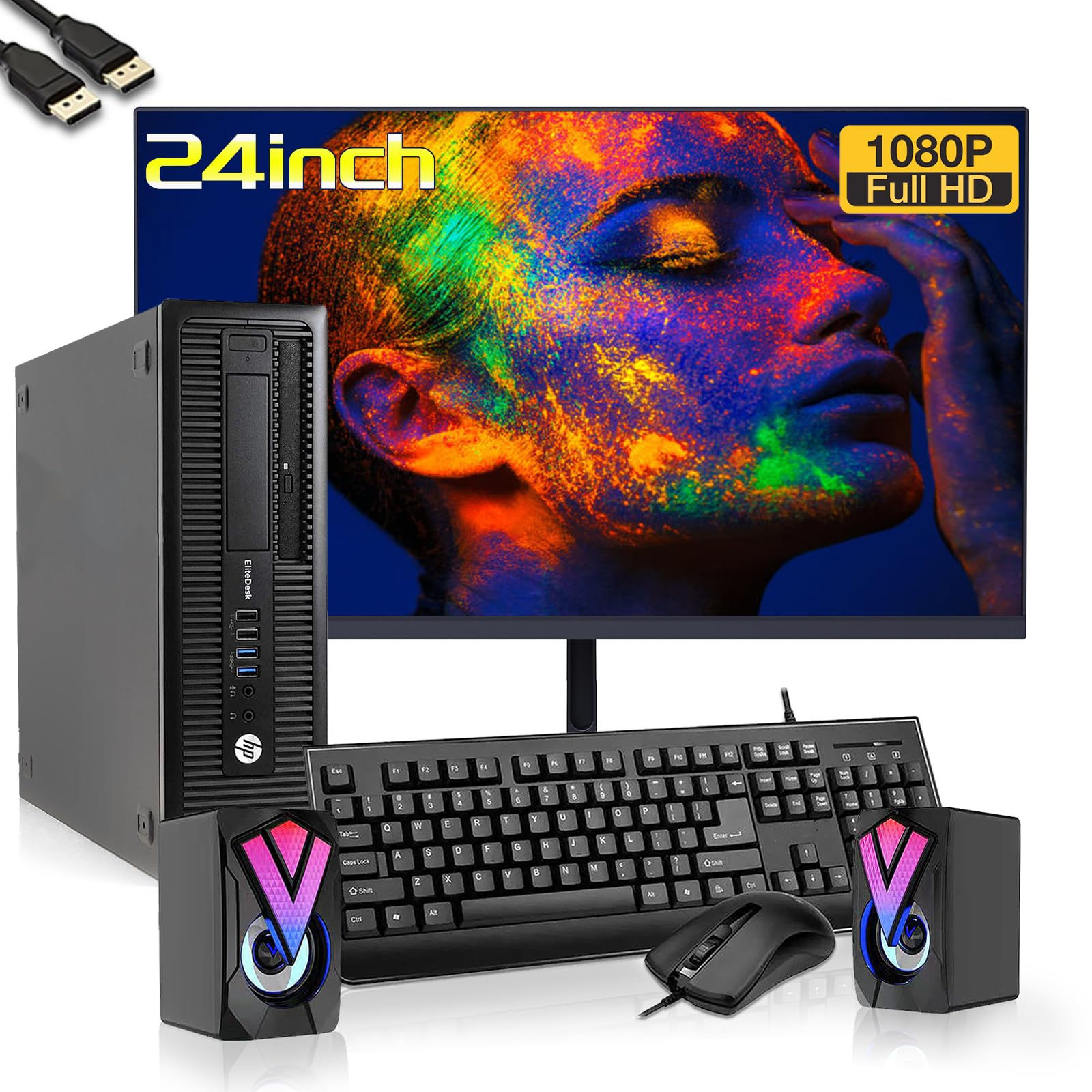 HP EliteDesk 800 G1 SFF Desktop PC with New 24" FHD Monitor and RGB Speakers PC