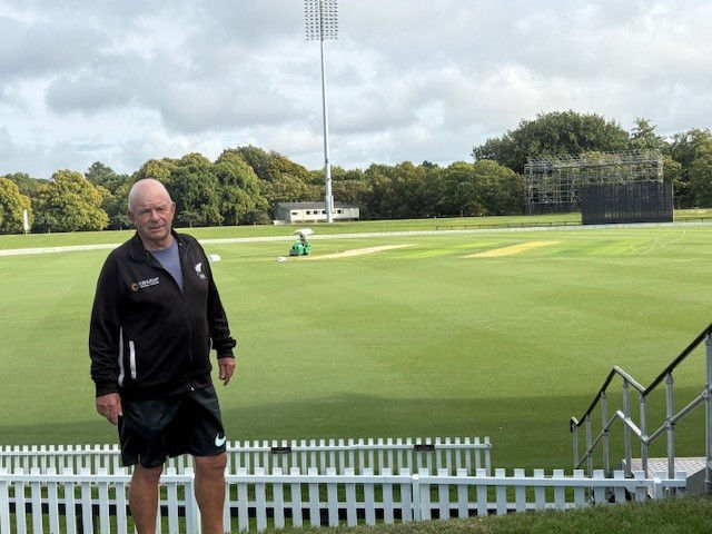 Lance Ryan standing on the embankment at the Port Hills End of the Pavilion overlooking the Hagley Oval Pitch.