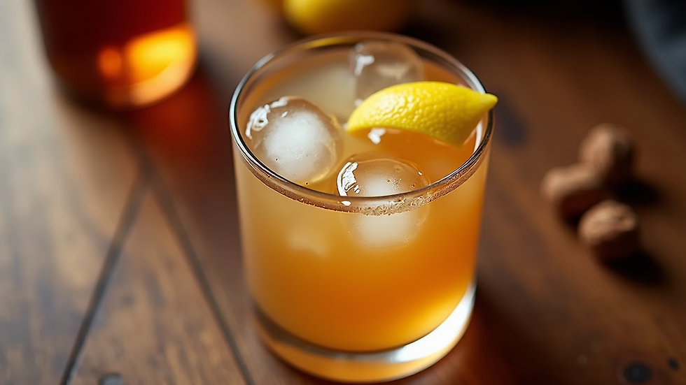 High angle view of a Maple Walnut Whiskey Sour cocktail with lemon twist