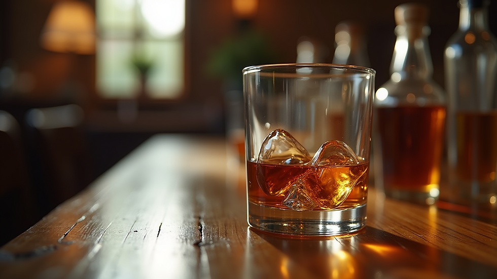 Eye-level view of a whiskey glass filled with bourbon on a wooden table