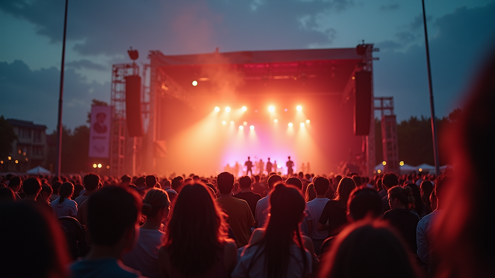 Vista panorámica de un escenario al aire libre con luces y público disfrutando de un concierto
