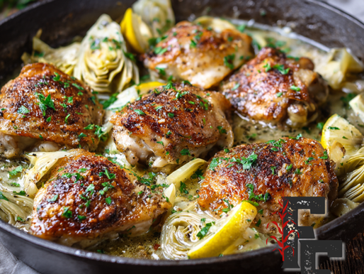Crispy chicken thighs in a skillet with artichokes, lemon slices, and fresh parsley in a light pan sauce.