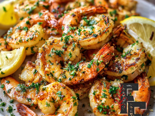 Grilled shrimp skewers brushed with garlic butter and garnished with parsley and lemon wedges.