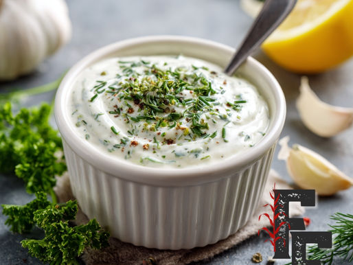 Small bowl of creamy ranch dressing topped with herbs, surrounded by garlic, lemon, and parsley.