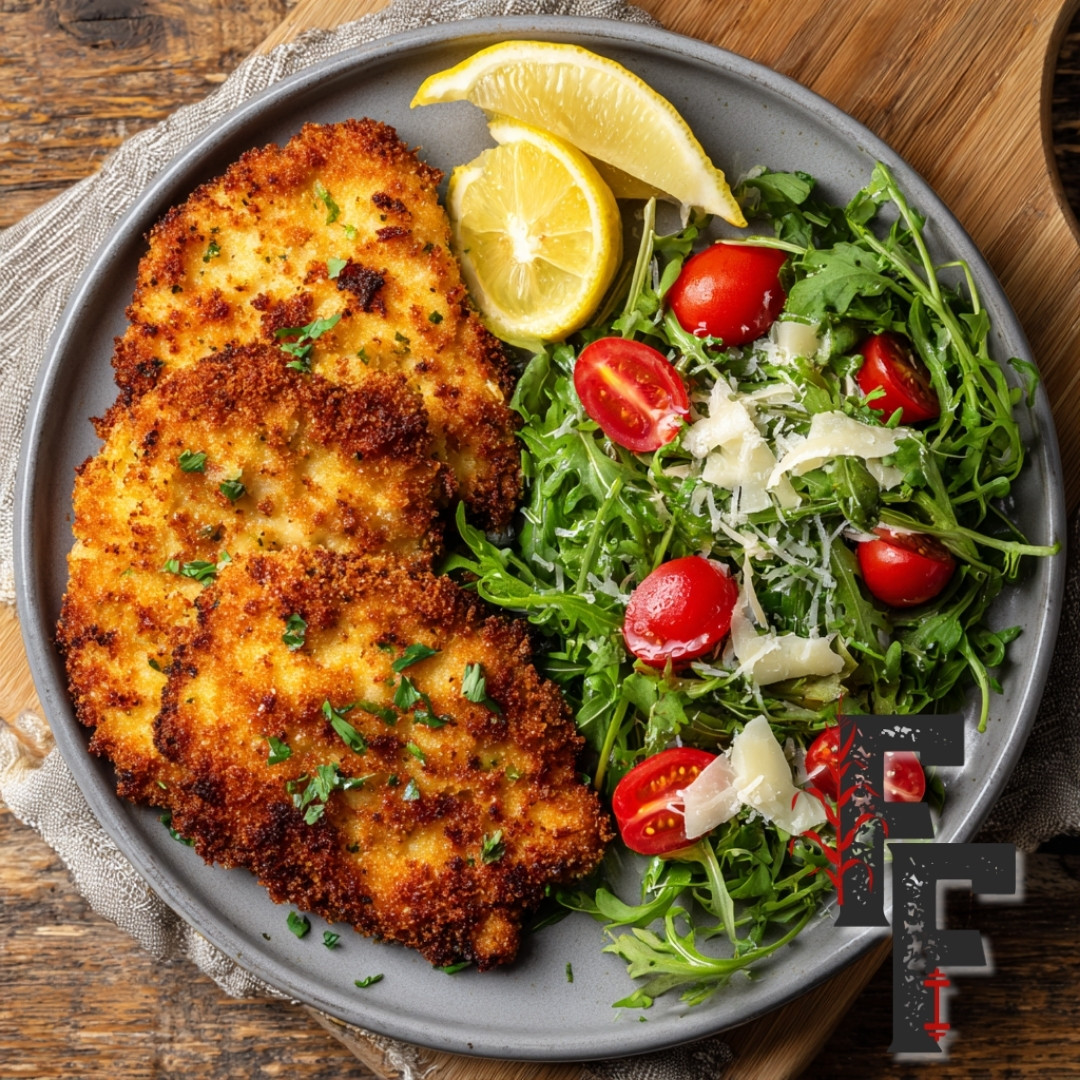 Cheesy Chicken Milanese With Arugula Salad Cheesy Chicken Milanese With Arugula Salad