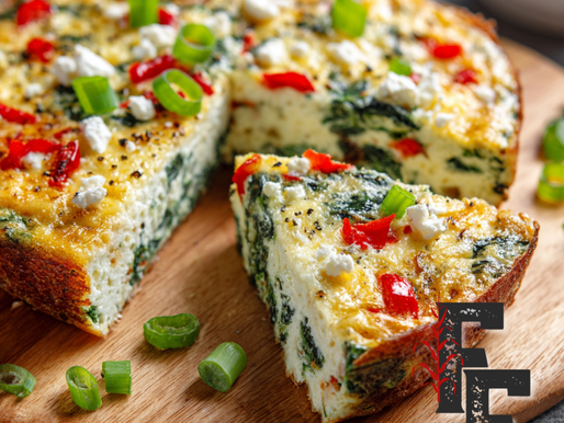 Slice of crustless egg white quiche with spinach and feta.