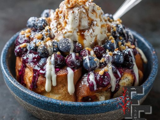 Mini baked pancake bites topped with blueberries, peanut butter drizzle, and cinnamon sweetener.