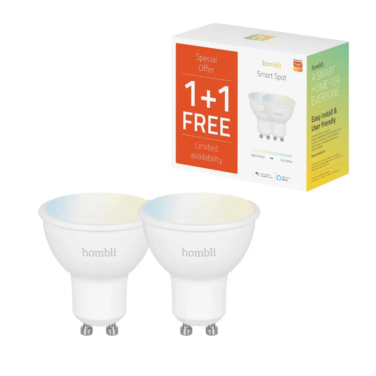 Hombli Spot Smart, Λευκό, GU10, 4.5W, CCT Promo Pack 1+1, Tuya