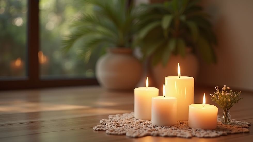 Close-up view of a serene meditation space with candles and plants