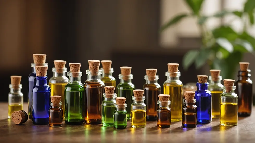 Eye-level view of bottles filled with various essential oils