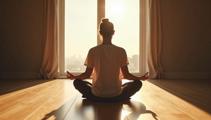 Eye-level view of a person sitting cross-legged on a wooden floor meditating with soft natural light