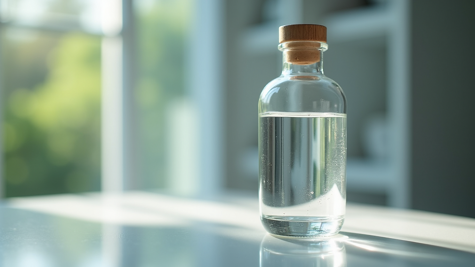 Close-up view of a bottle of clear perfumery grade ethyl alcohol