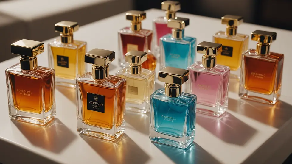 High angle view of personalized perfume bottles lined up