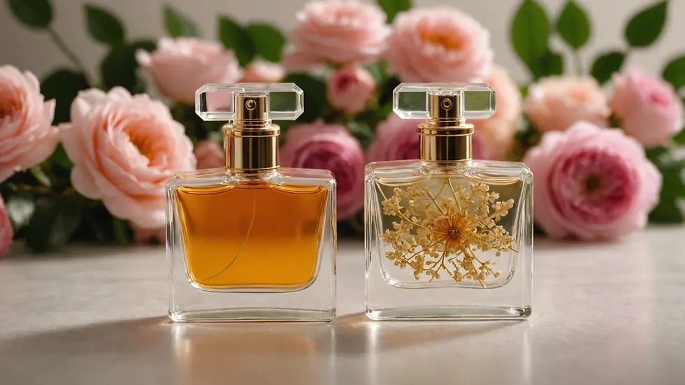 Close-up of a bottle of perfume with a subtle floral background