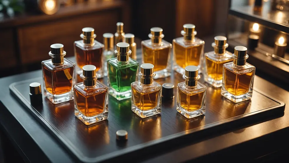 High angle view of a perfume blending station with essential oils