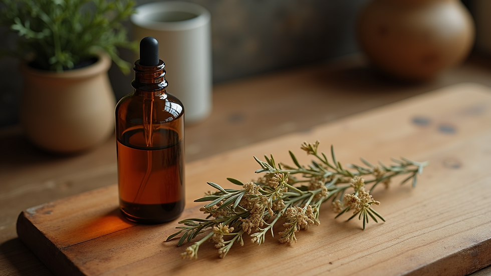 High angle view of a wooden table with essential oils and a vintage perfume bottle