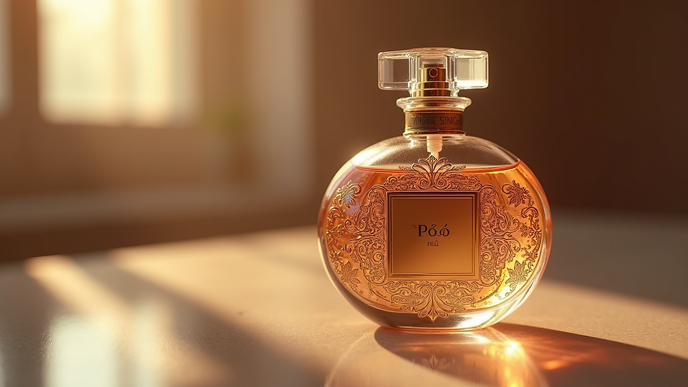 Eye-level view of a beautifully crafted perfume bottle adorned with elegant designs