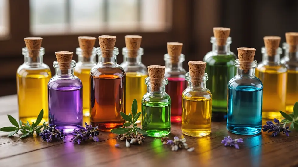 Eye-level view of vibrant essential oils arranged in colorful bottles
