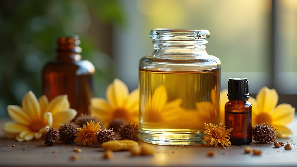 Close-up view of a jar of perfumery grade ethyl alcohol surrounded by essential oils