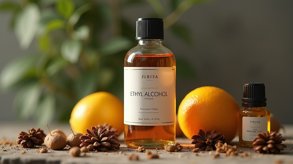 Close-up view of a bottle of perfumery grade ethyl alcohol surrounded by essential oils
