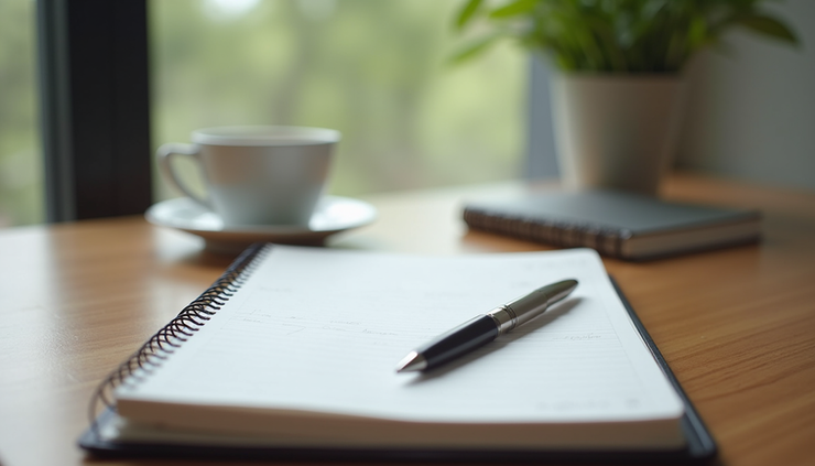 Eye-level view of a tidy workspace with a notebook and pen ready for planning