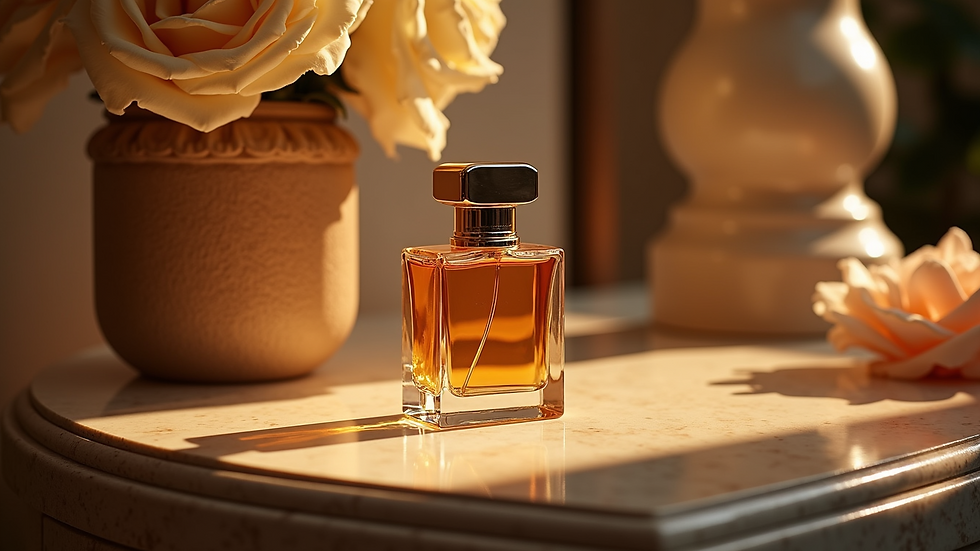 Eye-level view of an elegantly designed perfume bottle on a luxurious display
