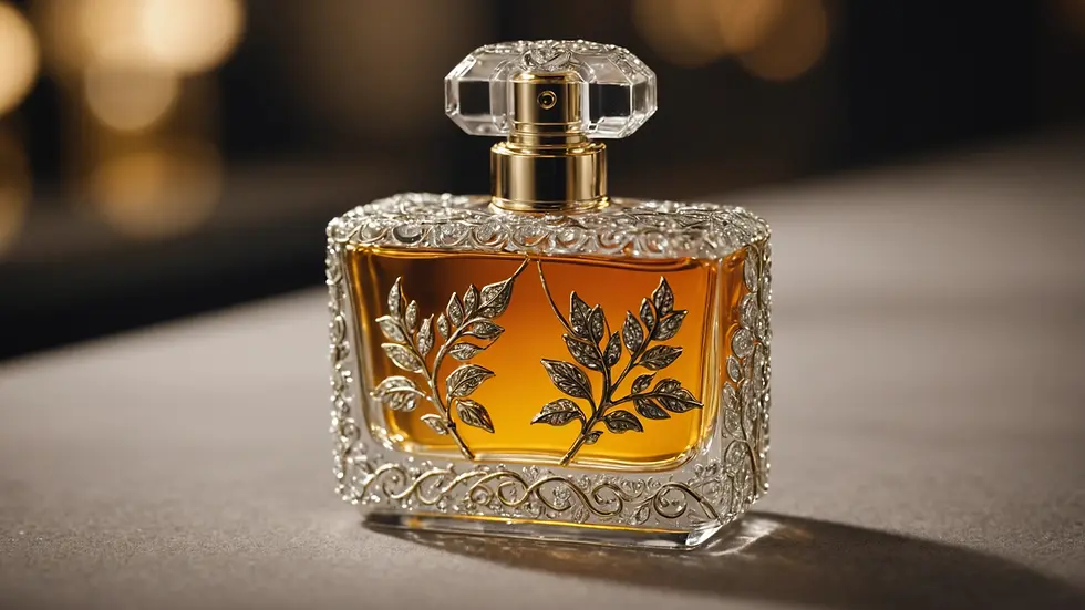 Close-up of a perfume bottle with intricate design