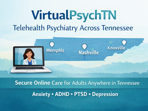 “VirtualPsychTN telehealth psychiatry across Tennessee. Shows a map with major cities, a laptop displaying a smiling female psychiatrist, and text about services for anxiety, ADHD, PTSD, and depression. Colors are calming teal and blue, highlighting secure, online mental health care.”