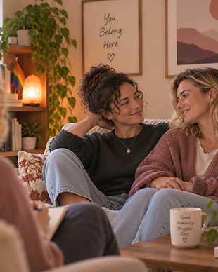Lesbian couple sitting together, representing LGBTQIA+ affirming couples therapy in Concord, NC