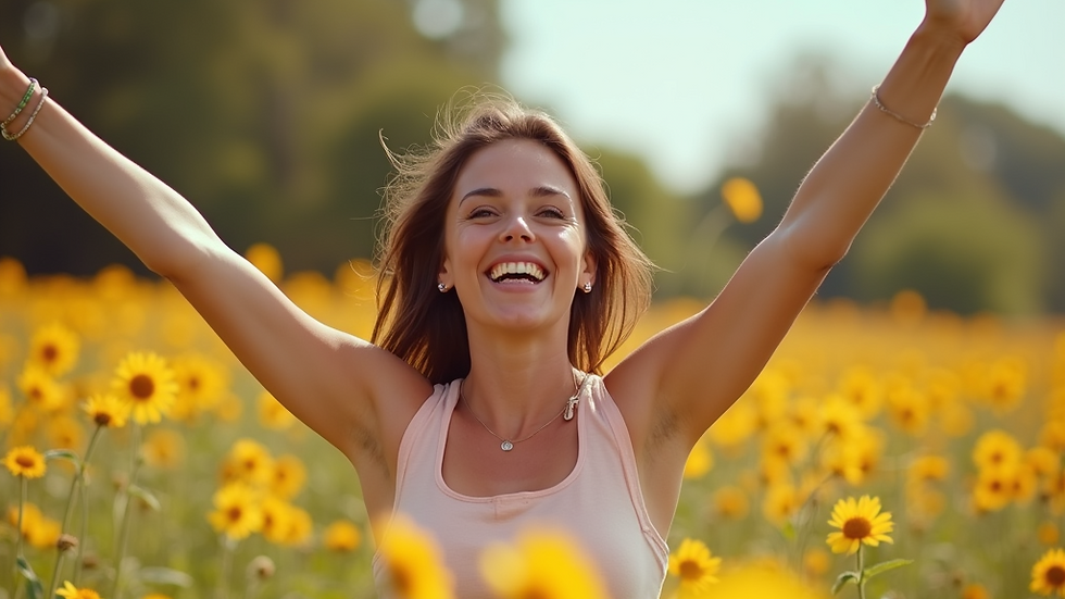 A smiling woman standing in a bright sunflower field with her arms raised in joy. The image symbolizes freedom, healing, and nervous-system-healing through connection with nature and the body.