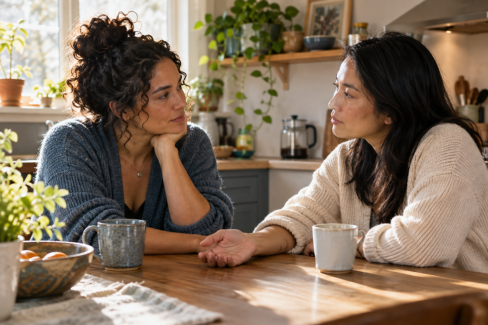 Two partners talk attentively across a kitchen table in warm morning light