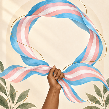 Hand holding a flowing transgender pride ribbon surrounded by sage leaves and subtle gold accents.
