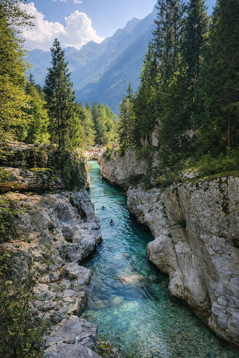 High angle view of the Tolminska korita natural canyon with turquoise water