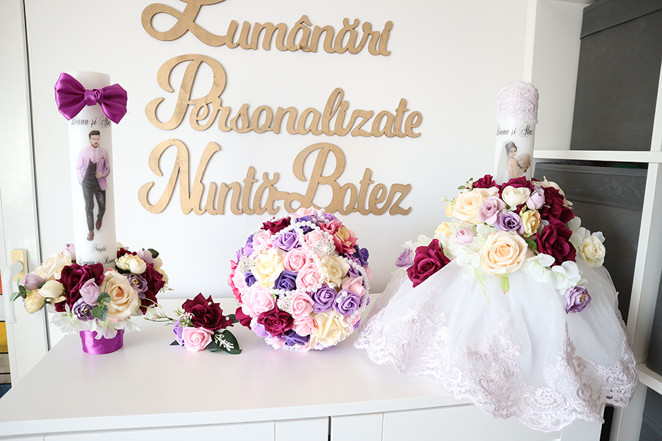 Miniatură: Set de nunta cu lumanari si buchet - Model 8