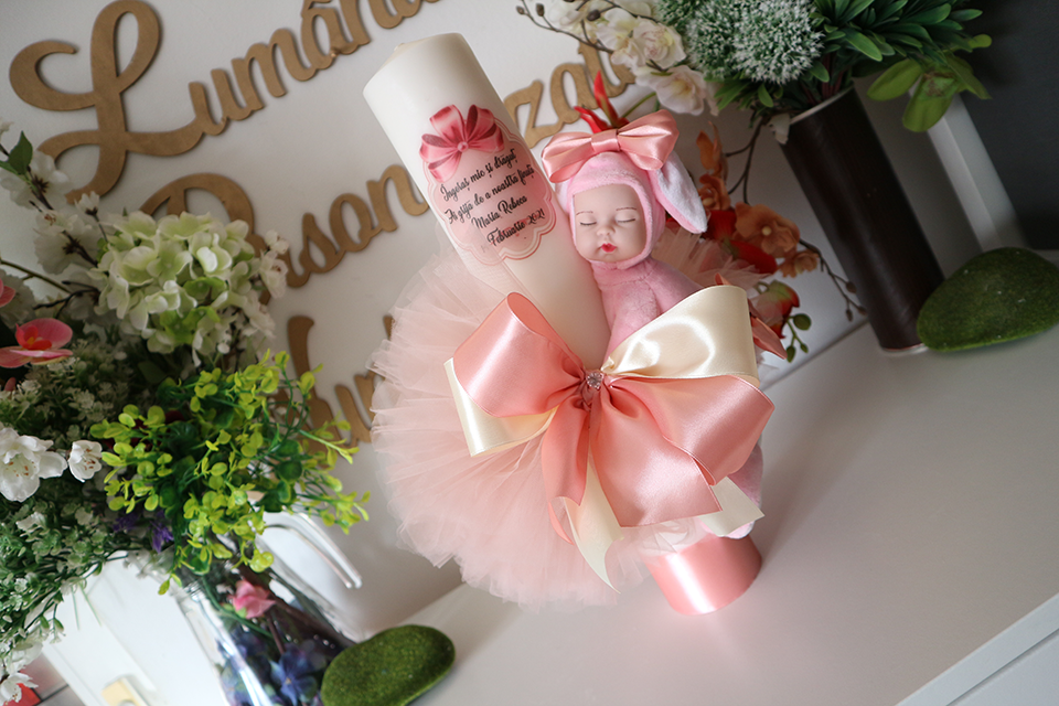 Miniatură: Lumanare de botez cu tulle si plus - Model 17